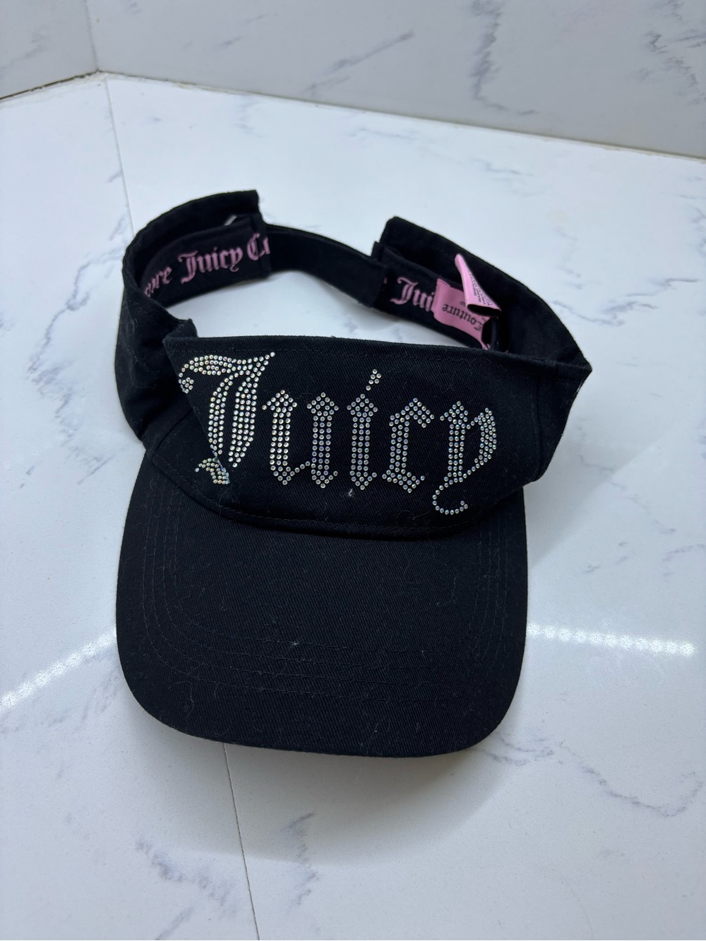 Y2K Juicy Couture Black Blingy Rhinestone Logo Sun Visor Hat One Size